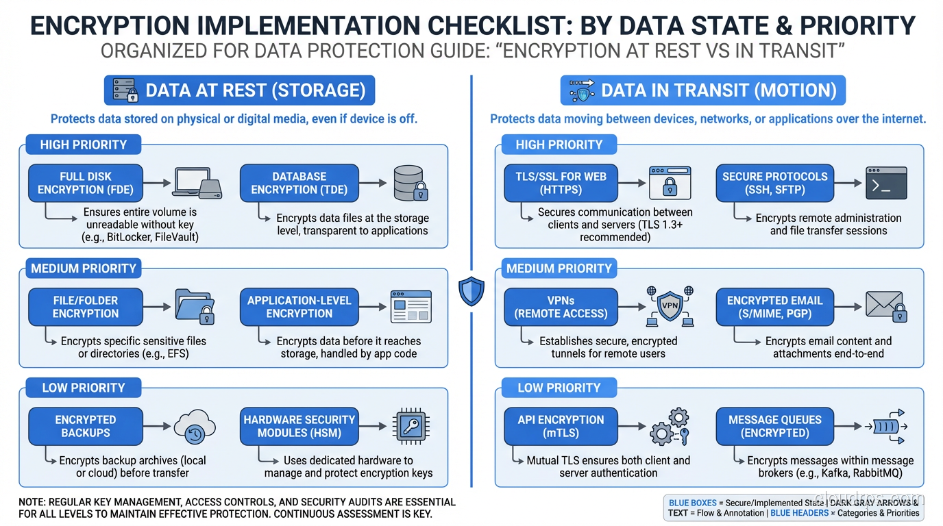 Encryption implementation checklist organized by data state and priority