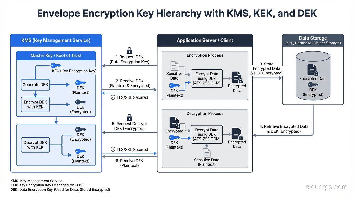 Diagram showing envelope encryption key hierarchy with KMS, KEK, and DEK