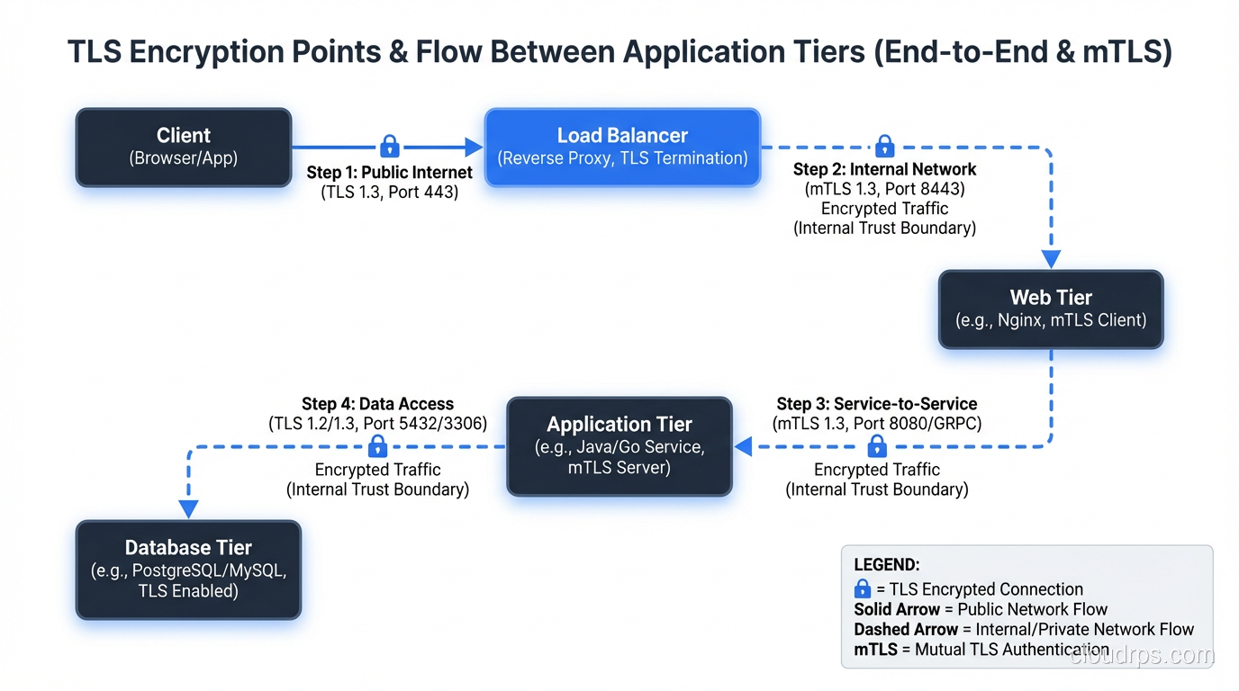 Network diagram showing TLS encryption points between application tiers