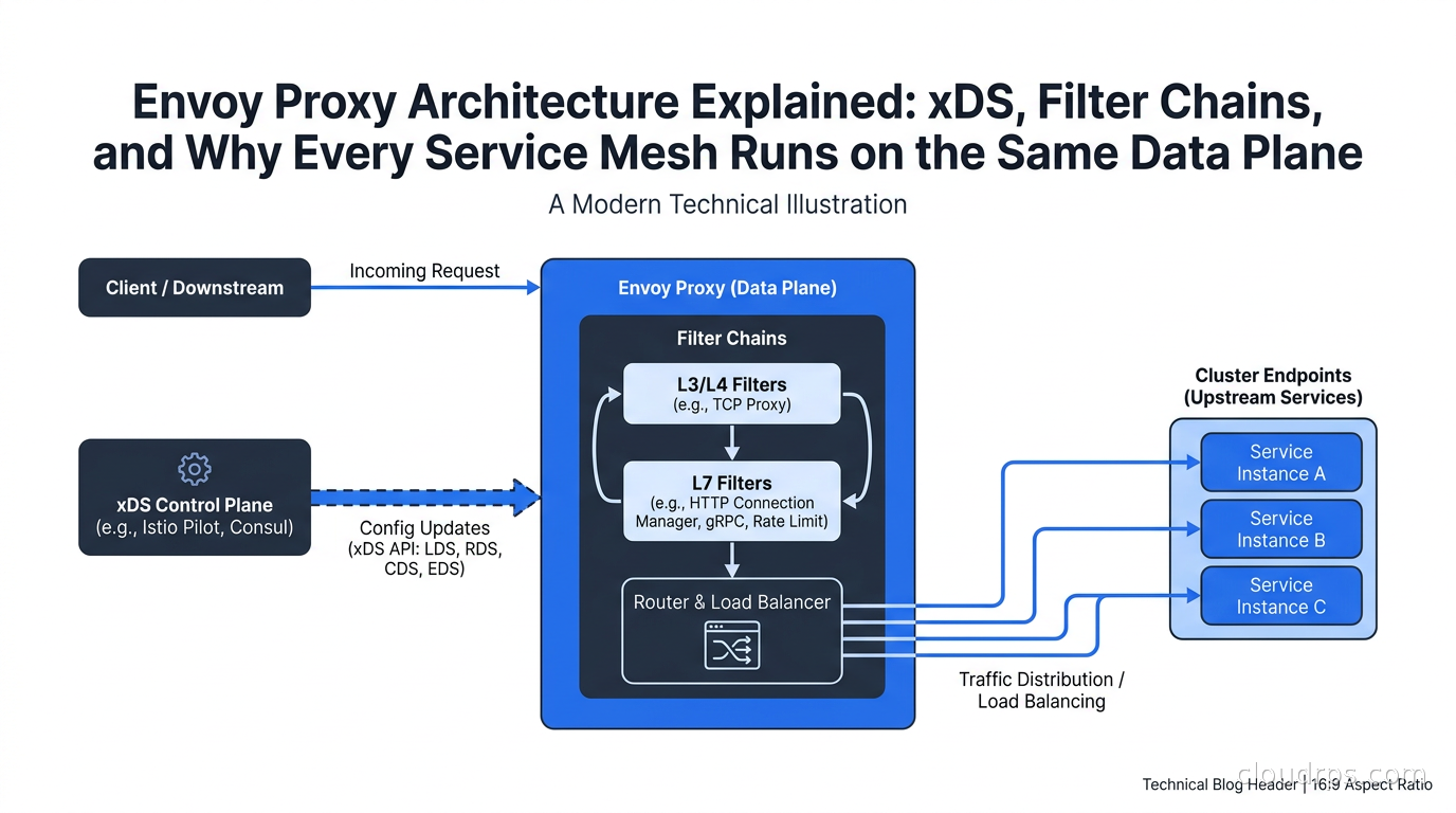 Diagram showing Envoy proxy architecture with xDS control plane, filter chains, and cluster endpoints