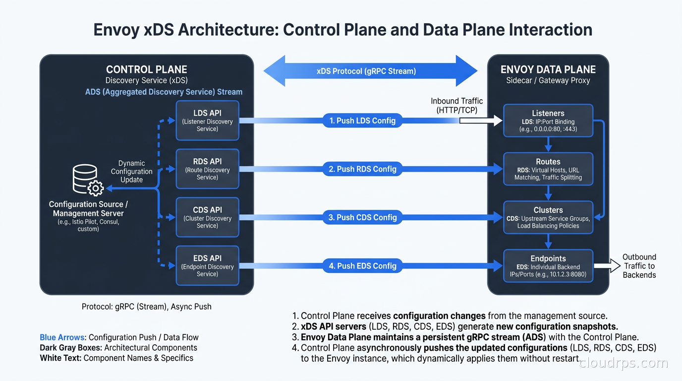 Envoy xDS architecture showing control plane pushing LDS, RDS, CDS, and EDS to Envoy data plane