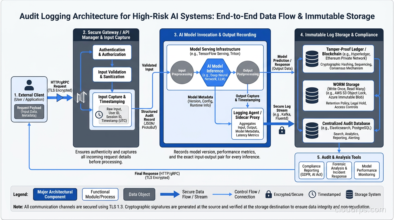 Audit logging architecture for high-risk AI systems: input capture, model invocation, output recording, and immutable log storage