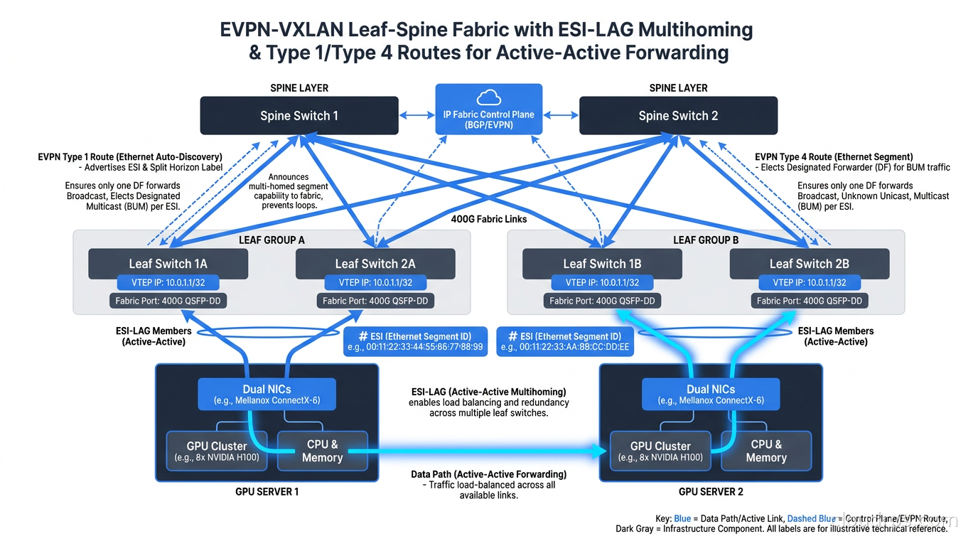 Leaf-spine fabric diagram showing ESI-LAG multihoming for GPU servers with Type 1 and Type 4 EVPN routes for active-active forwarding