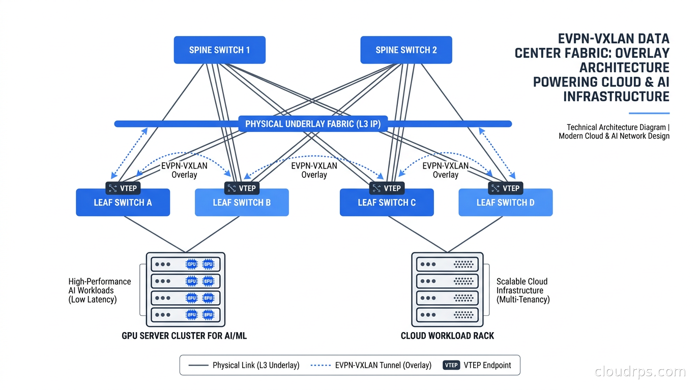 Diagram of a leaf-spine data center fabric with EVPN-VXLAN overlays connecting GPU servers and cloud workloads