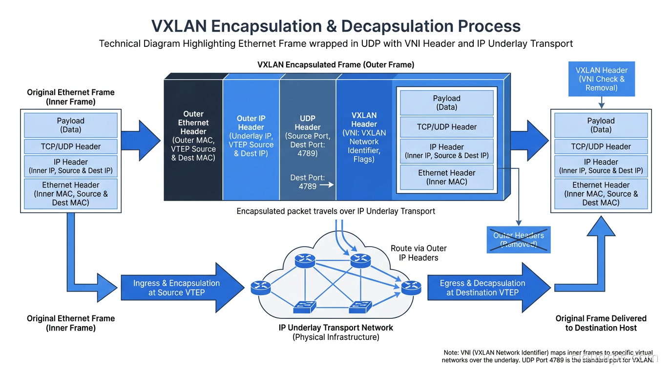 VXLAN encapsulation diagram showing Ethernet frame wrapped in UDP with VNI header and IP underlay transport