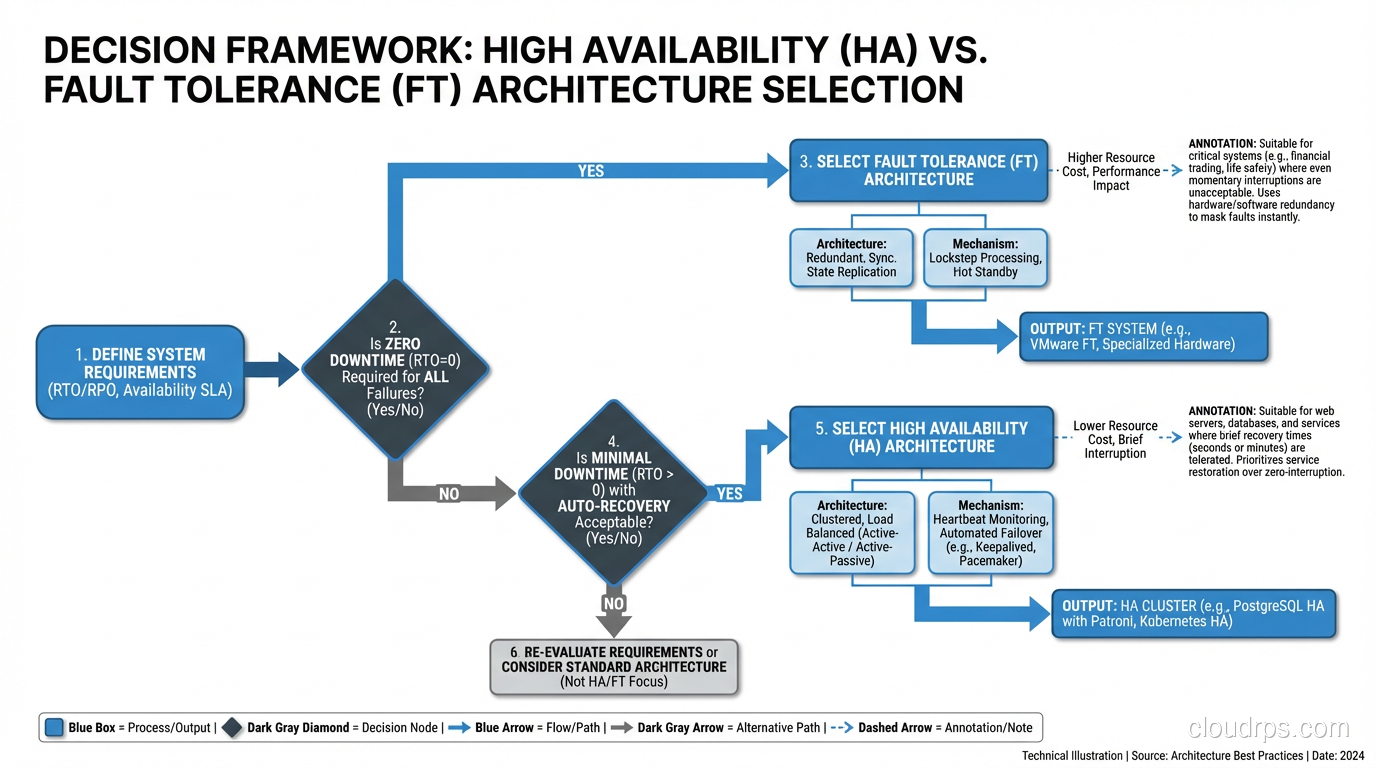 Decision framework flowchart for choosing between HA and FT based on requirements