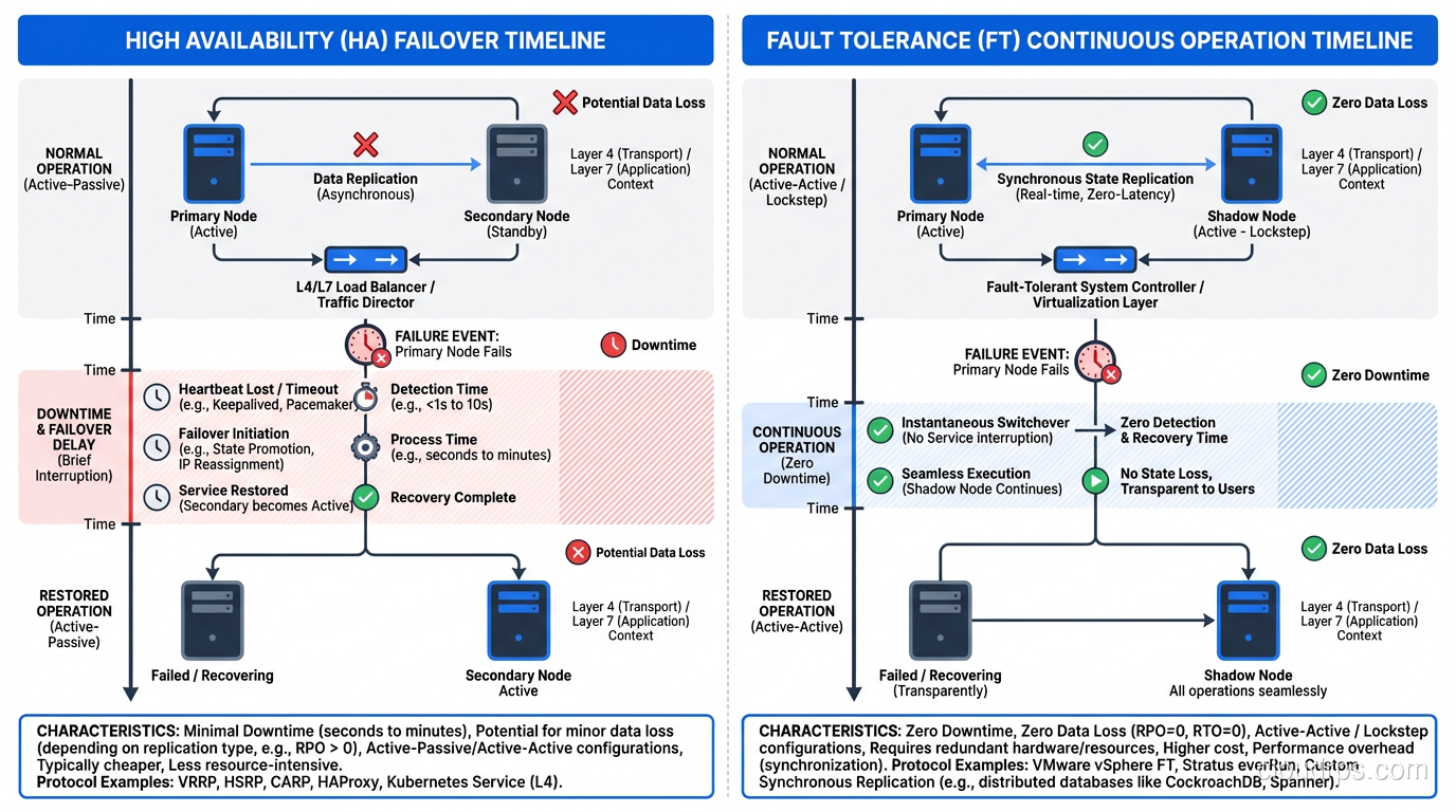 Side-by-side comparison of HA failover timeline vs FT continuous operation during component failure