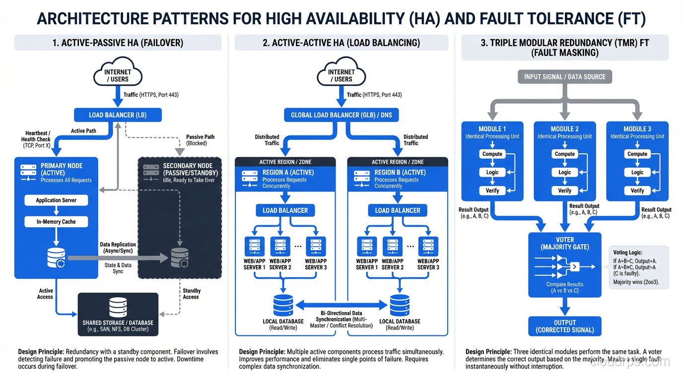 Architecture patterns for HA and FT showing active-passive, active-active, and TMR approaches