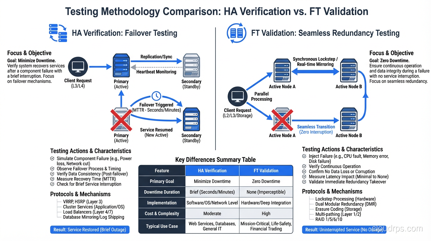 Testing methodology comparison for HA verification versus FT validation