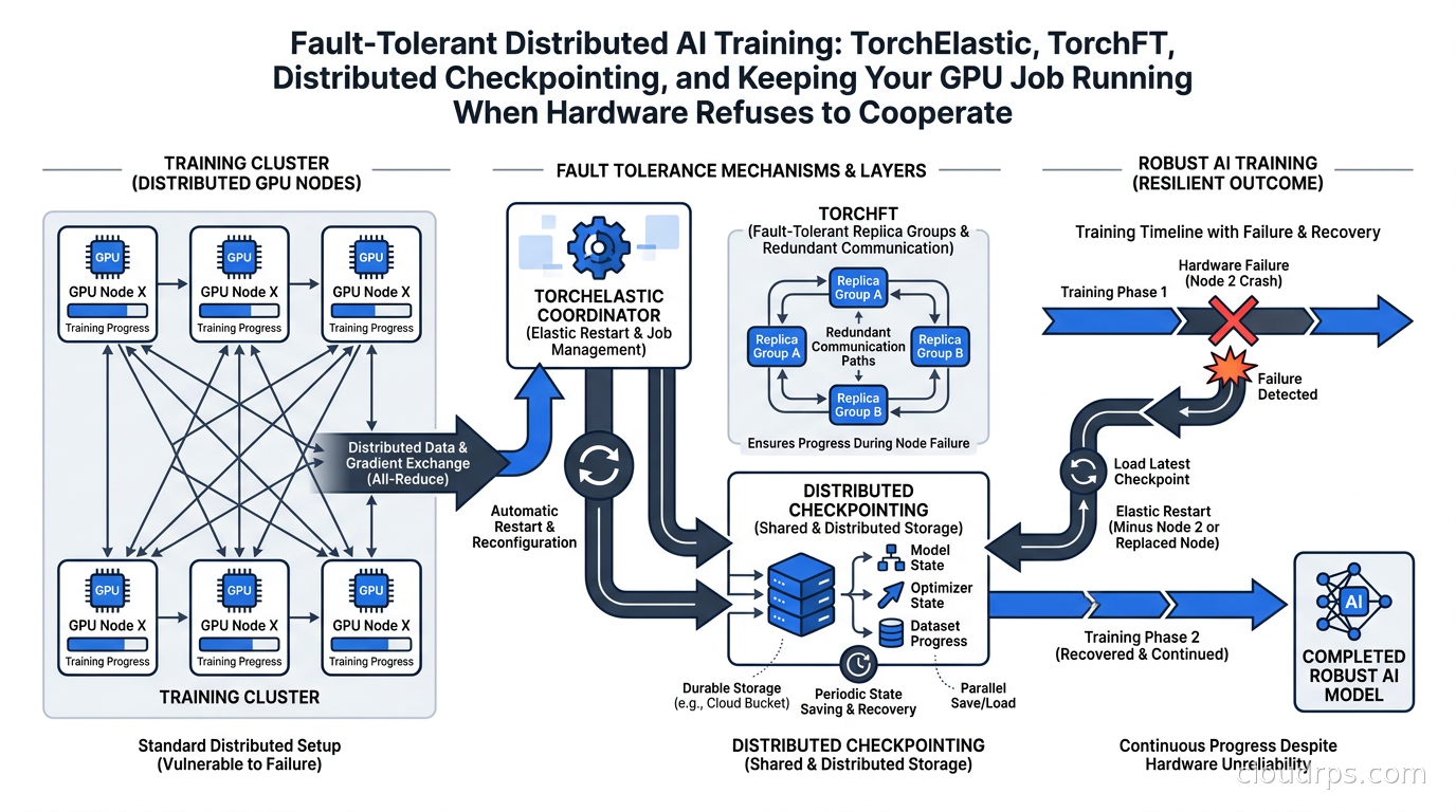 Diagram showing distributed GPU training nodes with fault tolerance layers including checkpointing, elastic restart, and TorchFT replica groups