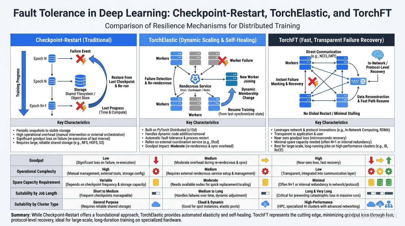 Comparison table showing checkpoint-restart vs TorchElastic vs TorchFT across the dimensions of goodput, operational complexity, spare capacity requirement, and suitability by job length and cluster type
