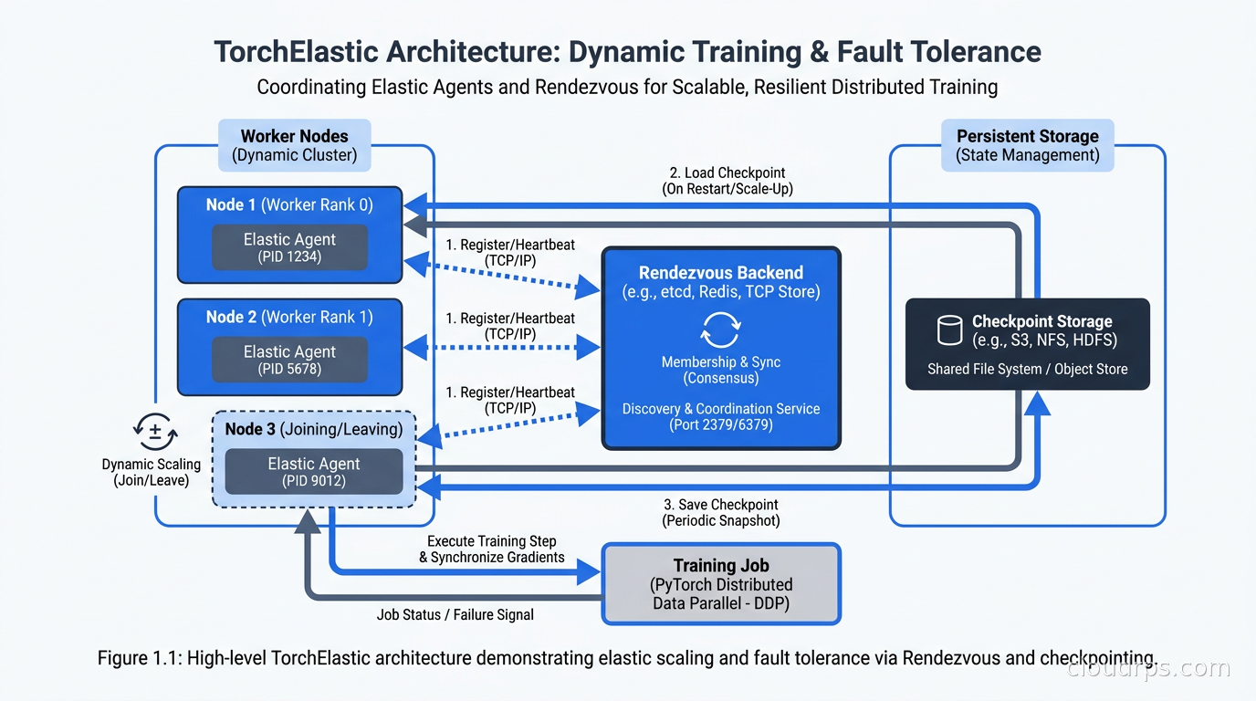 Architecture diagram showing TorchElastic Elastic Agent and Rendezvous backend coordinating multiple nodes that dynamically join and leave a training job while checkpointing handles state persistence