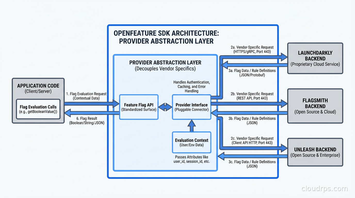 OpenFeature SDK architecture showing provider abstraction layer connecting application code to LaunchDarkly, Flagsmith, and Unleash backends
