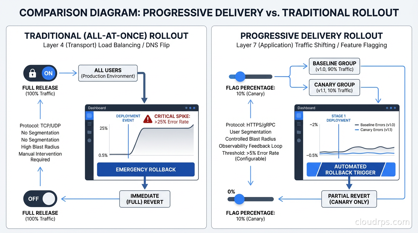 Progressive delivery rollout dashboard showing flag percentage, error rate comparison, and rollback button