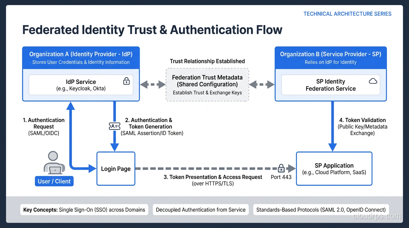 Federated identity concept showing trust relationships between independent organizations