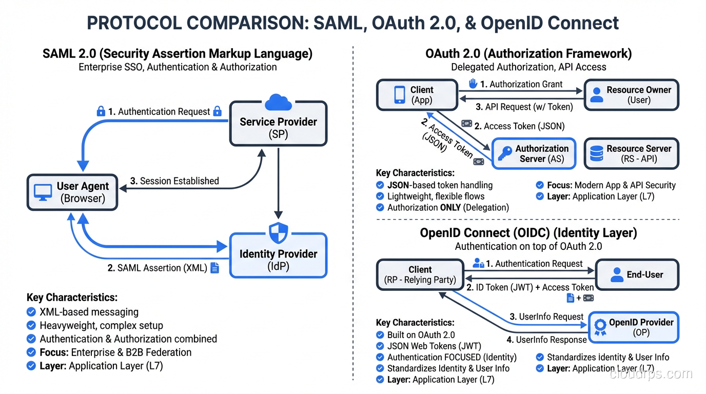 Protocol comparison diagram showing SAML, OAuth 2.0, and OpenID Connect relationships