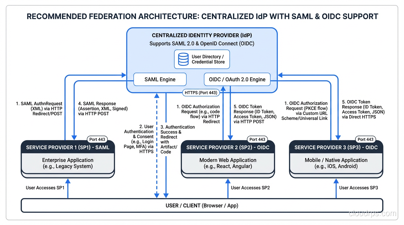 Recommended federation architecture showing centralized IdP with SAML and OIDC support