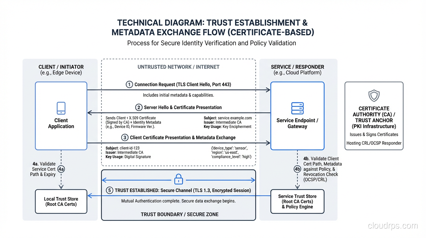 Trust establishment flow showing metadata exchange and certificate validation