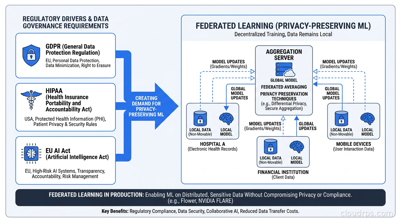 Federated learning regulatory drivers: GDPR, HIPAA, EU AI Act data governance requirements creating demand for privacy-preserving ML