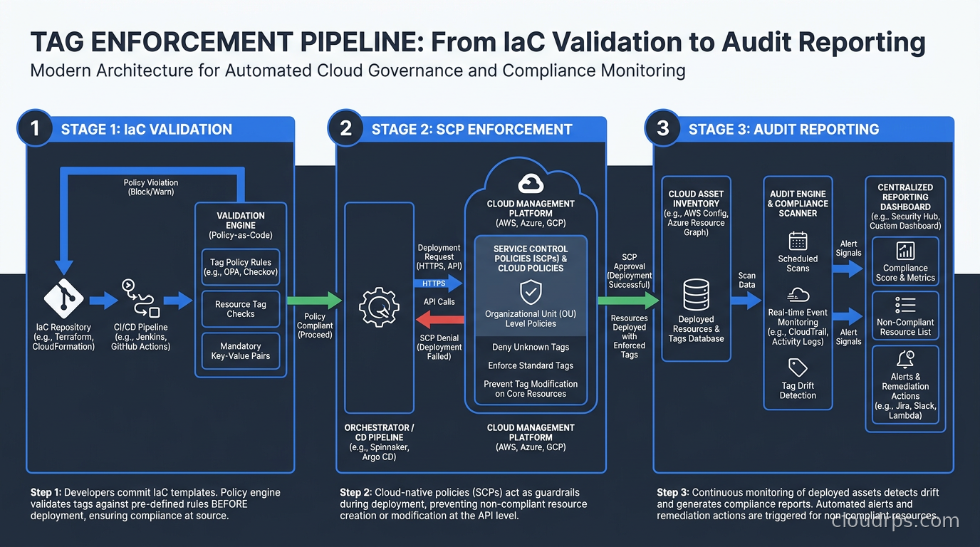 Tag enforcement pipeline showing IaC validation, SCP enforcement, and audit reporting stages