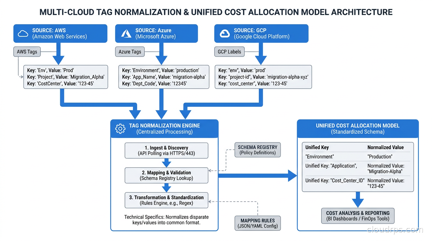 Multi-cloud tag normalization showing AWS tags, Azure tags, and GCP labels mapping to a unified cost allocation model