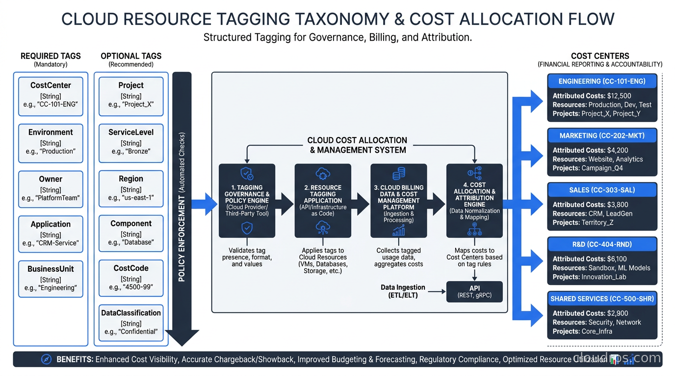 Cloud resource tagging taxonomy diagram showing required and optional tags flowing into cost centers