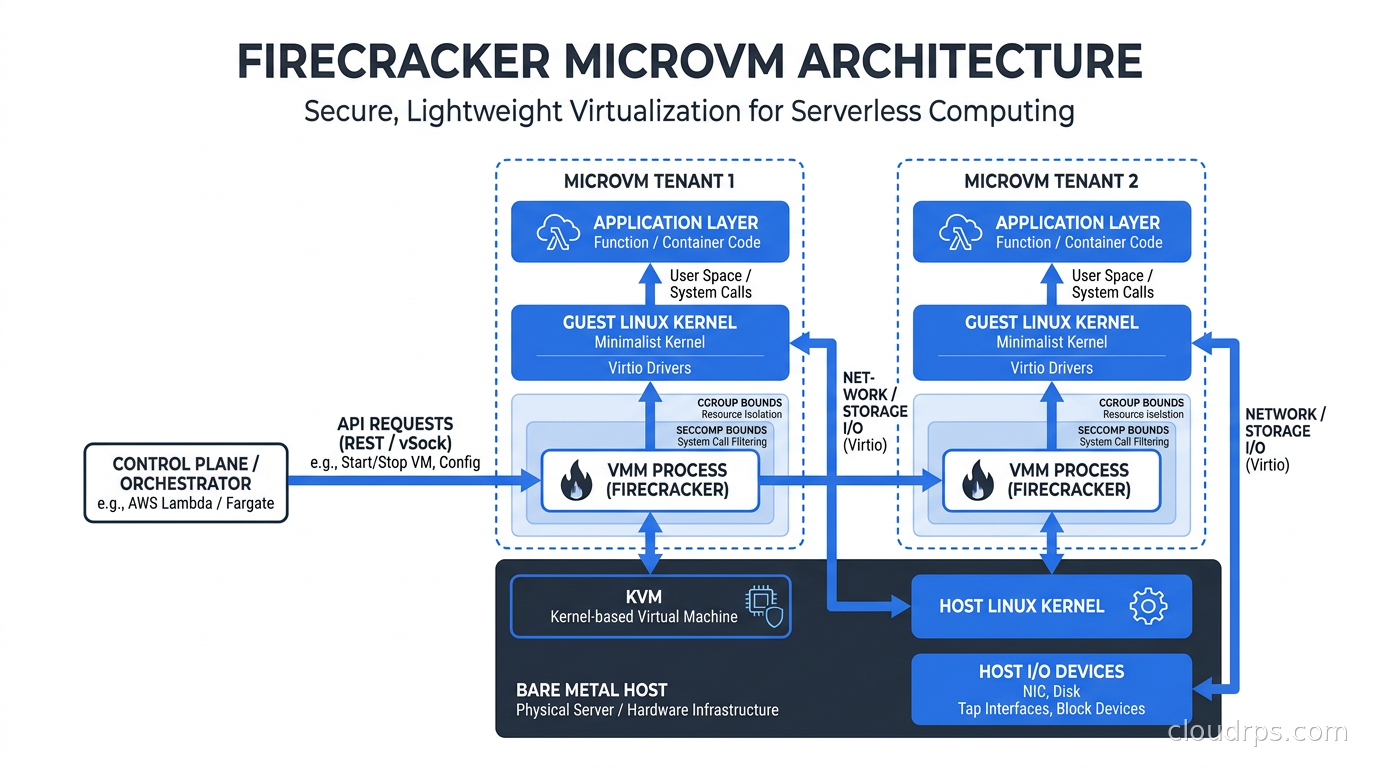 Firecracker microVM architecture showing the bare metal host with KVM, the VMM process for each tenant running inside cgroup and seccomp bounds, the guest Linux kernel, and the application layer above