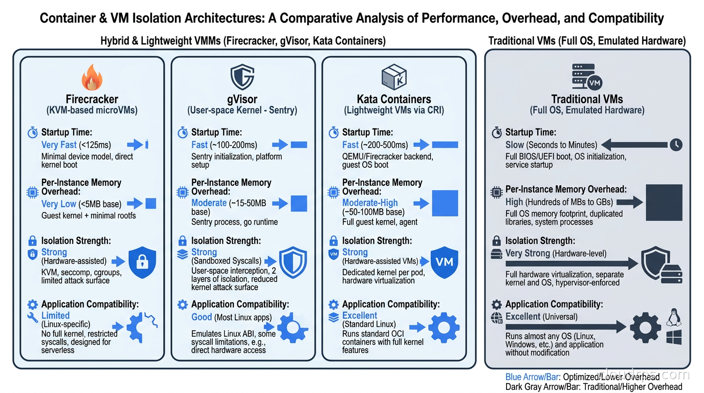 Side-by-side comparison of Firecracker, gVisor, Kata Containers, and traditional VMs across startup time, per-instance memory overhead, isolation strength, and application compatibility