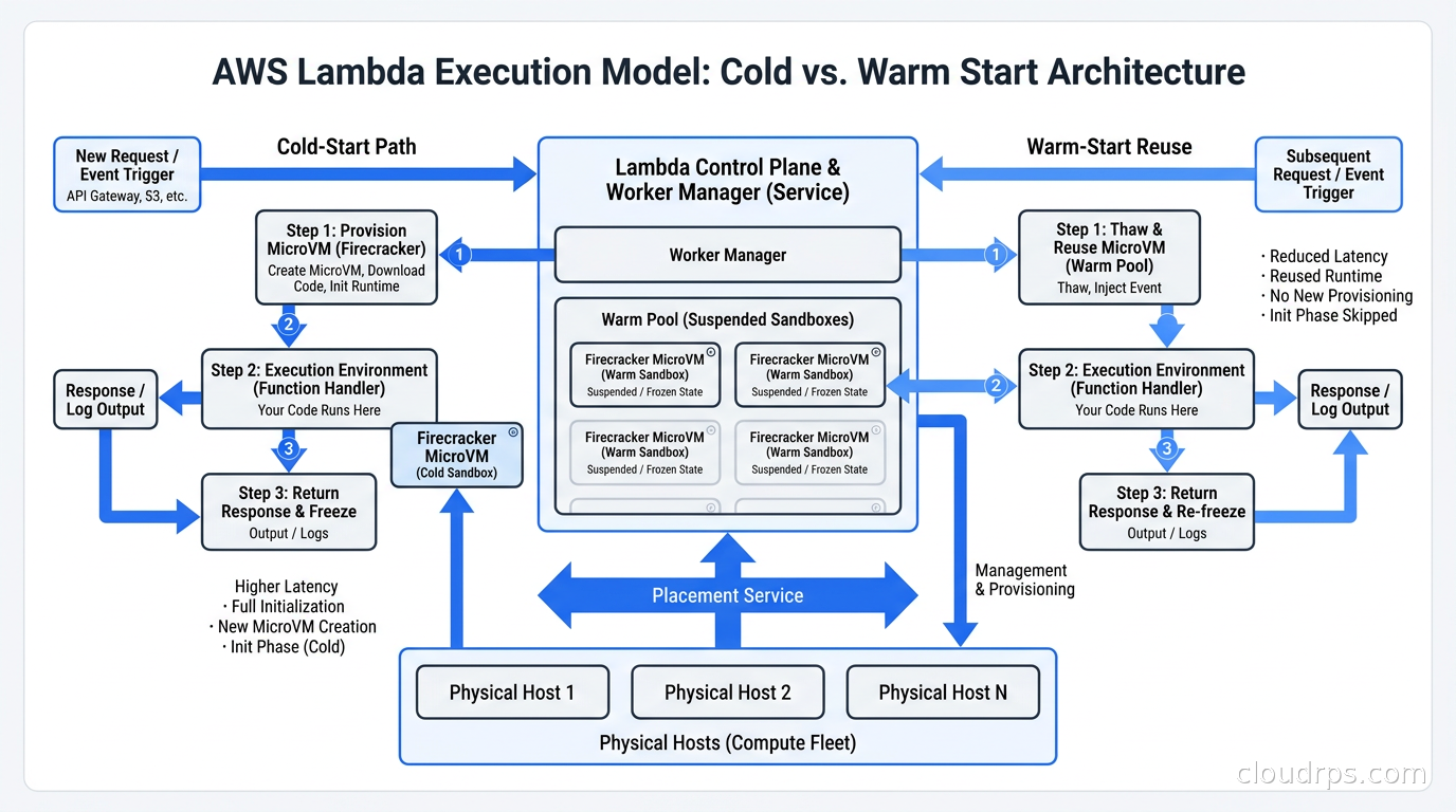 Lambda execution model showing the Worker Manager provisioning Firecracker microVMs on physical hosts, the warm pool of suspended sandboxes, and the cold-start path versus warm-start reuse
