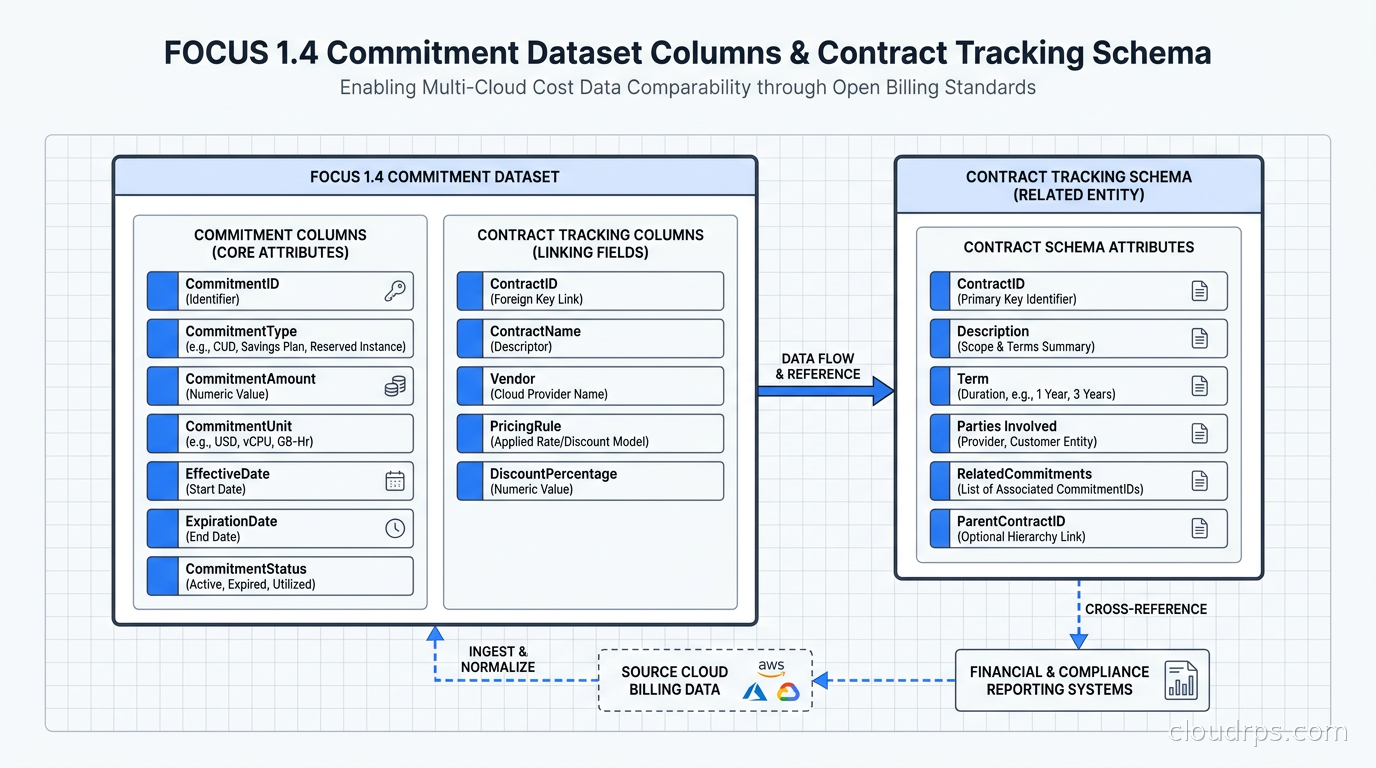 FOCUS 1.4 commitment dataset columns and contract tracking schema