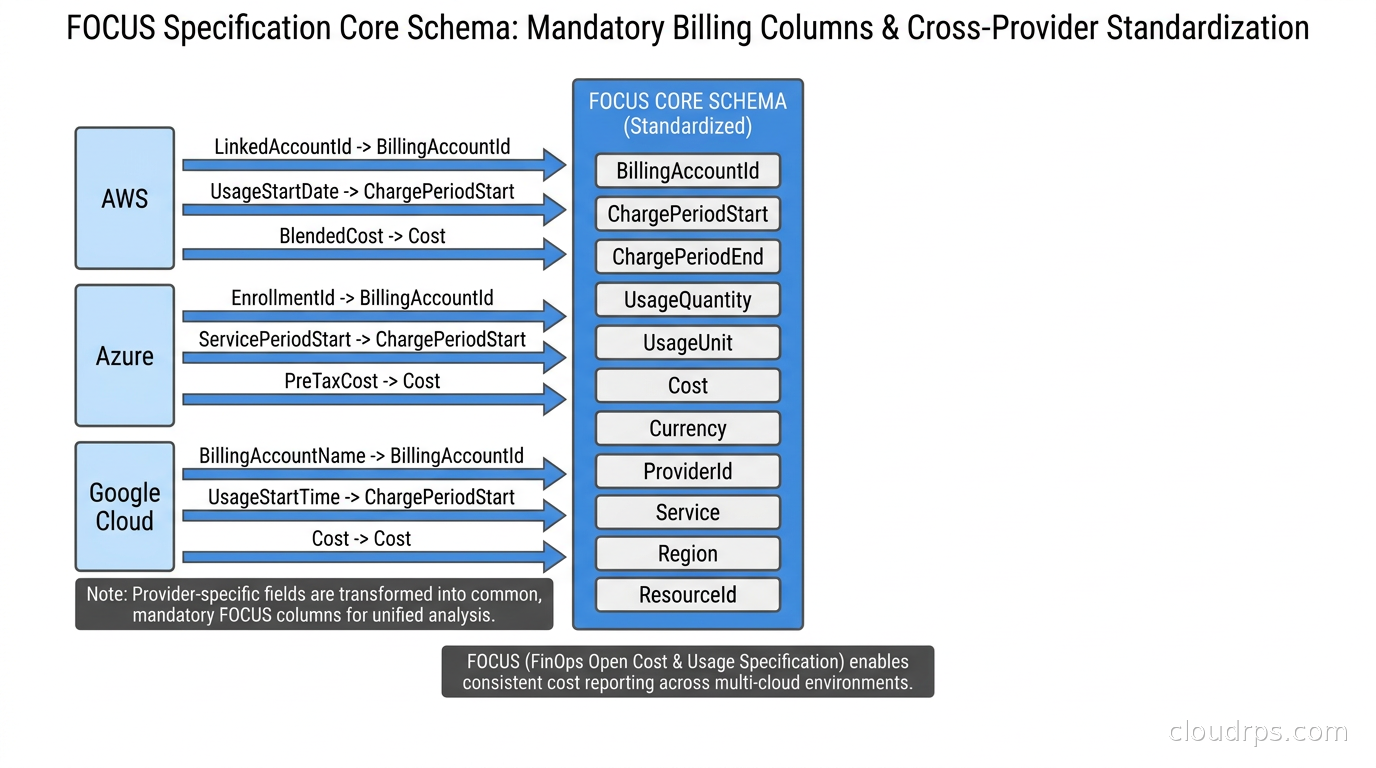 FOCUS specification core schema showing mandatory billing columns across cloud providers