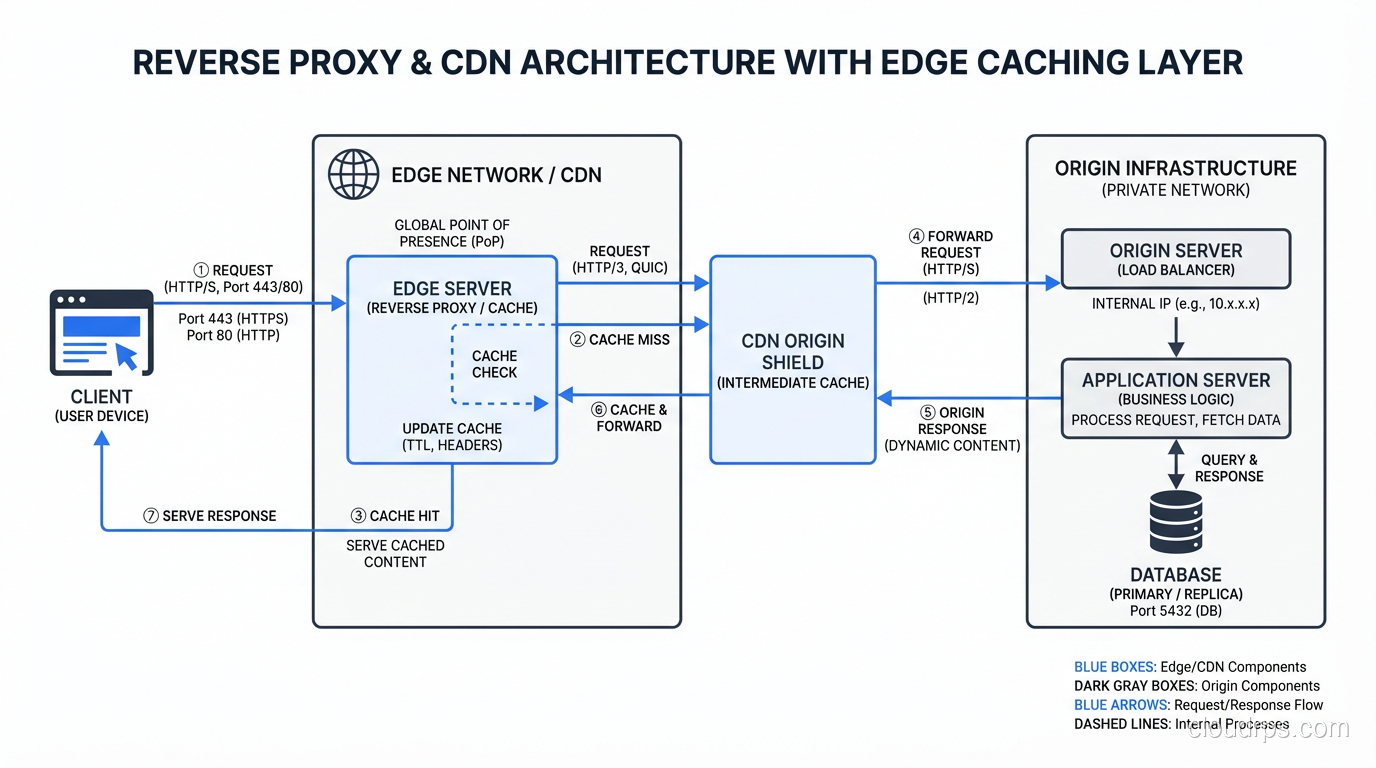 Reverse proxy and CDN architecture showing edge caching layer