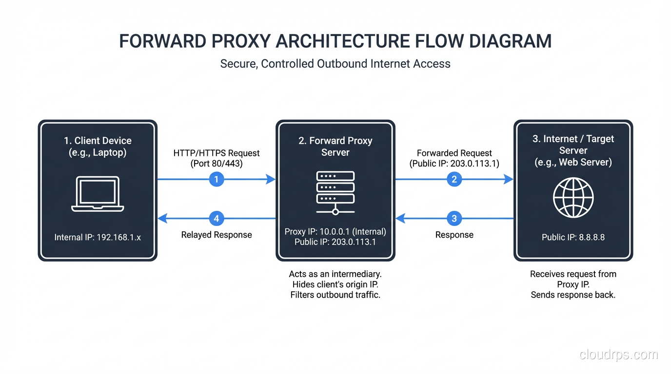Forward proxy architecture diagram showing client requests flowing through proxy to the internet