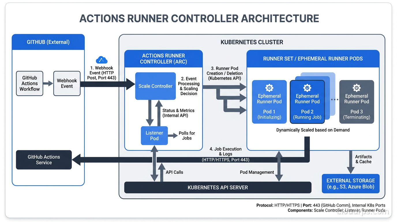 Actions Runner Controller architecture: scale controller, listener pod, and ephemeral runner pods