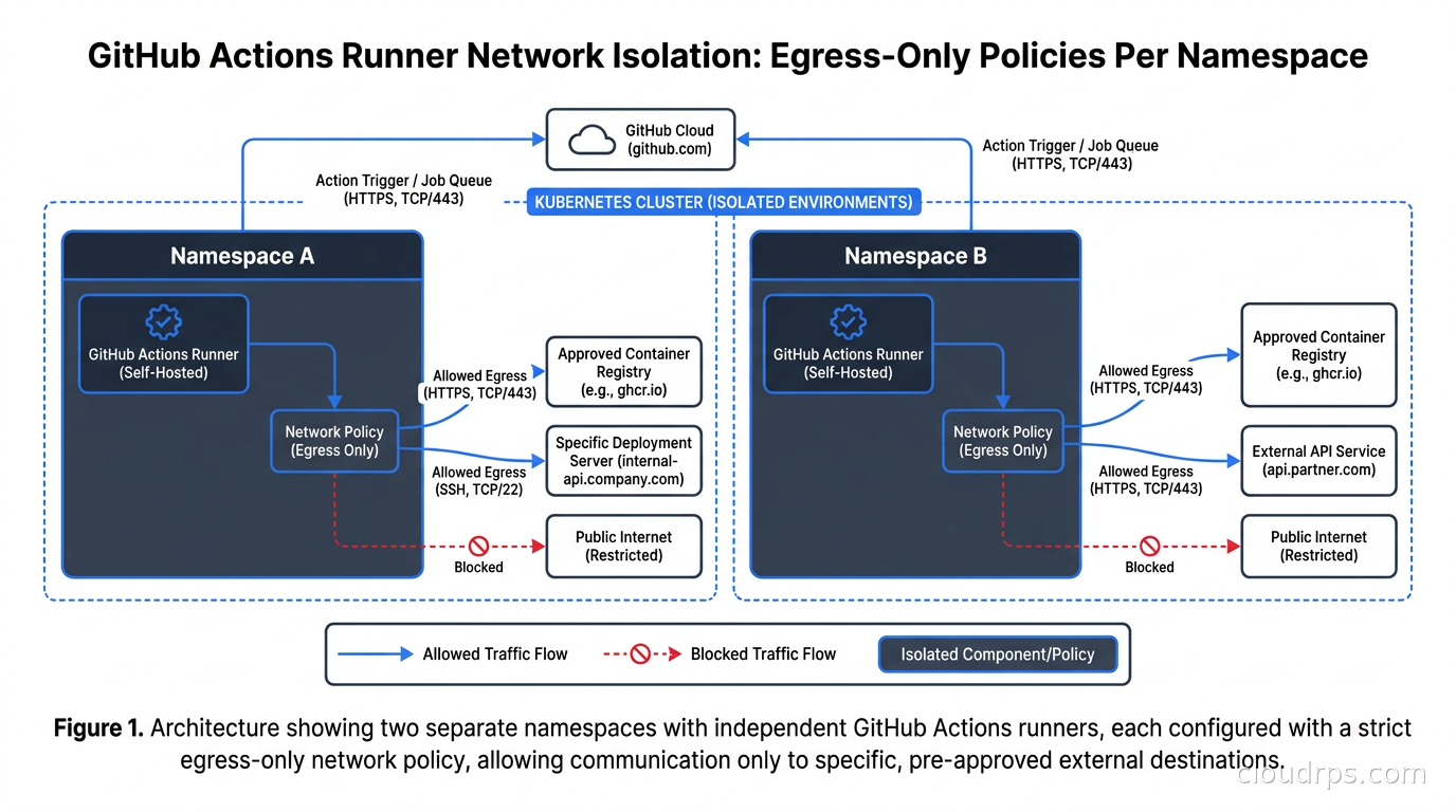 GitHub Actions runner network isolation diagram showing egress-only policies per namespace