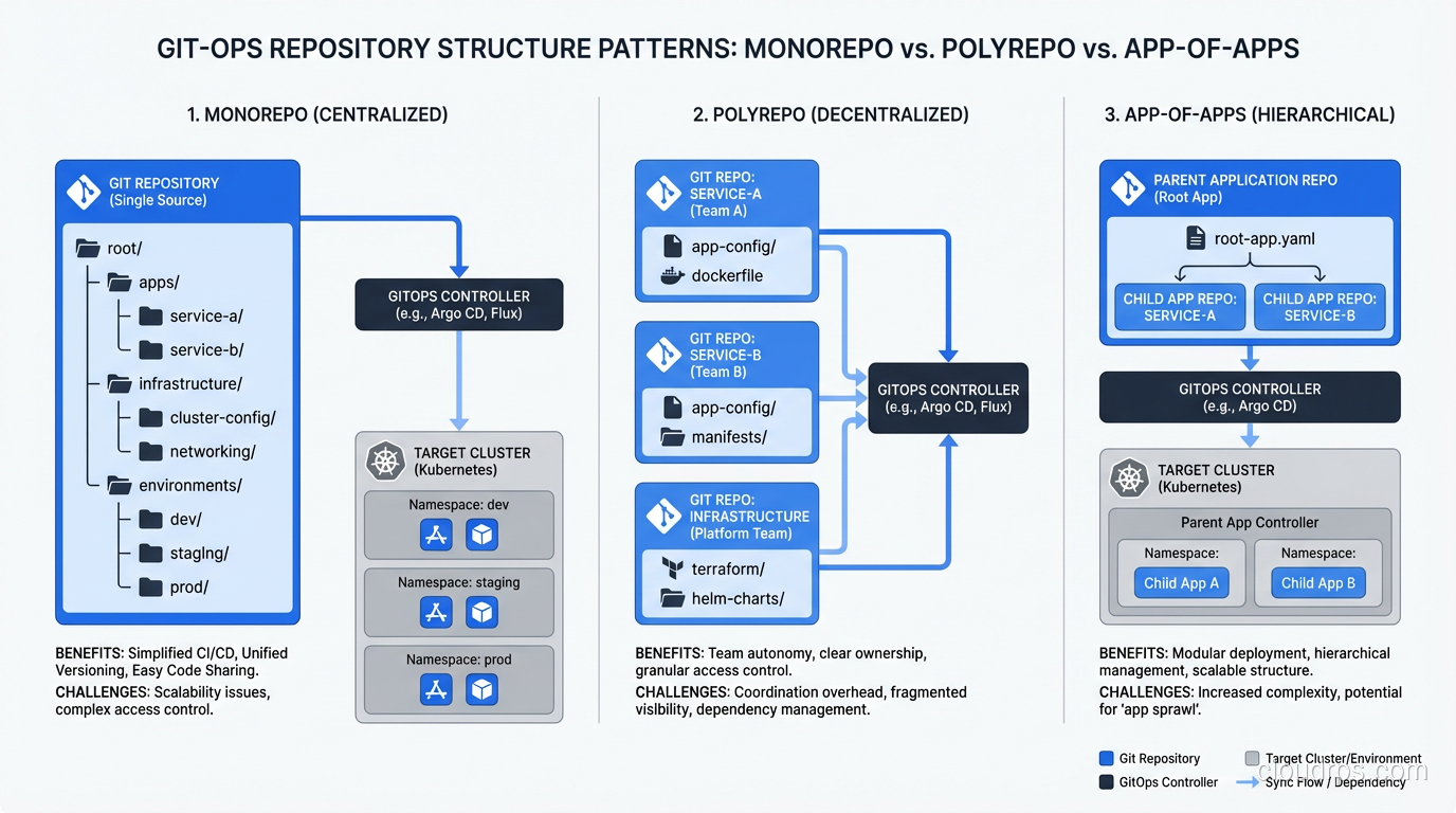 Diagram comparing monorepo, polyrepo, and app-of-apps repository structure patterns for organizing GitOps configuration across teams and environments