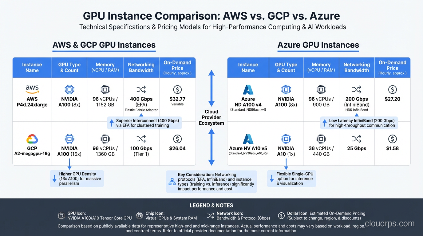 Comparison table of GPU instances across AWS, GCP, and Azure showing instance names, GPU types, GPU count, memory, networking bandwidth, and on-demand pricing