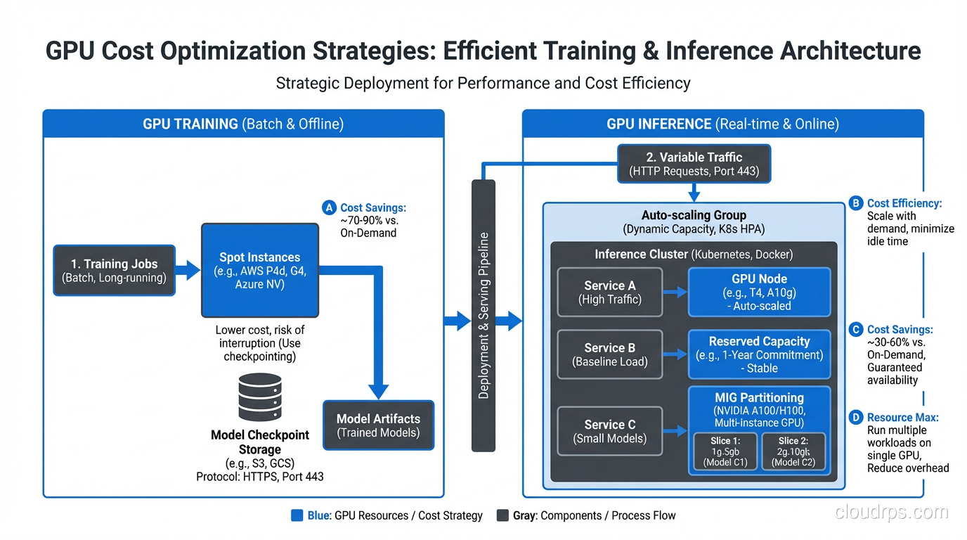 Diagram showing GPU cost optimization strategies: spot instances for training, reserved capacity for baseline inference, MIG partitioning for small models, and auto-scaling for variable traffic