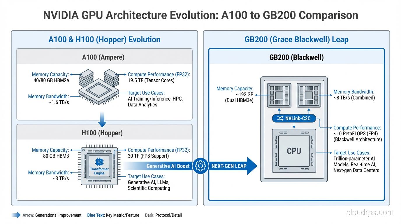 Comparison chart of the NVIDIA GPU lineup from A100 through GB200, showing memory capacity, memory bandwidth, compute performance, and target use cases for each generation