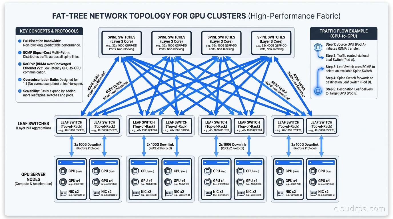 Fat-tree network topology for GPU clusters showing spine and leaf switches with GPU server nodes