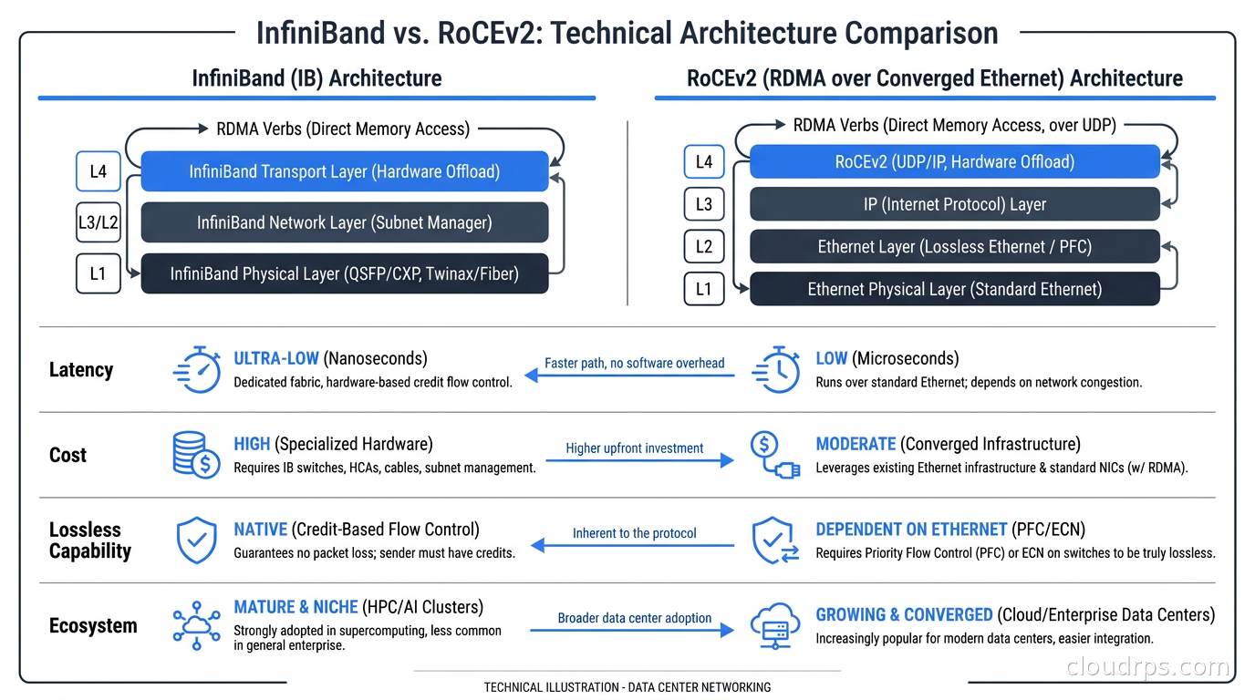 InfiniBand vs RoCEv2 comparison chart showing latency, cost, lossless capability, and ecosystem differences