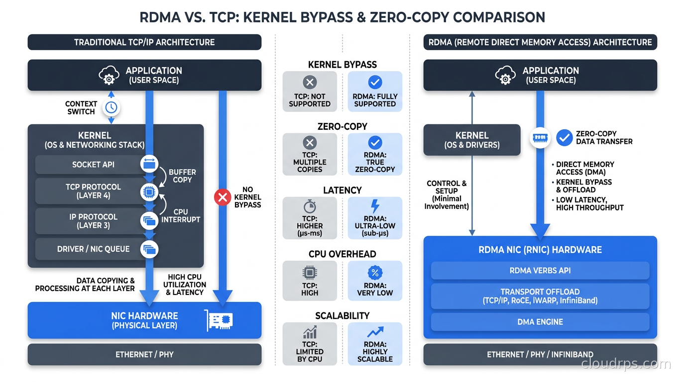 RDMA vs TCP architecture comparison showing kernel bypass and zero-copy data transfer