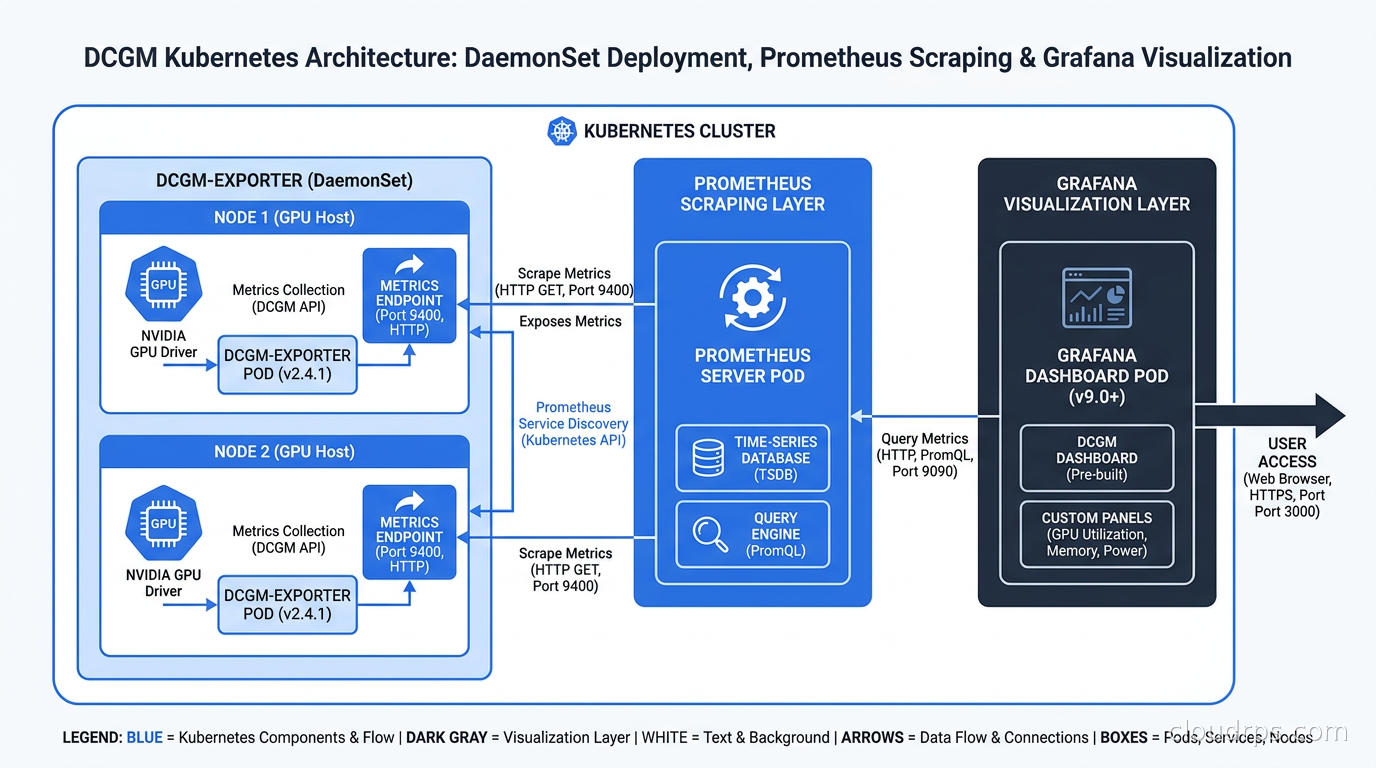 DCGM Kubernetes architecture showing DaemonSet deployment, Prometheus scraping, and Grafana visualization layer