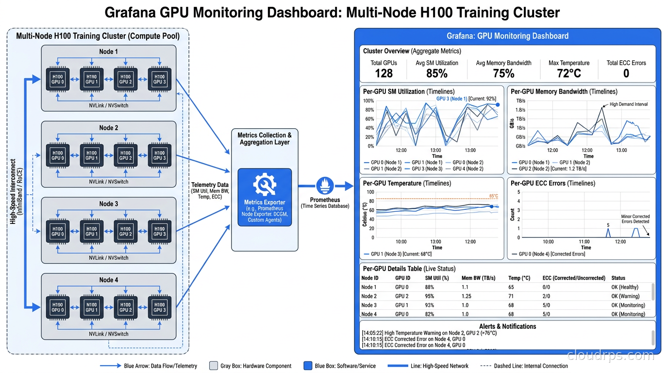 Grafana GPU dashboard showing per-GPU SM utilization, memory bandwidth, temperature, and ECC error timelines for a multi-node H100 training cluster