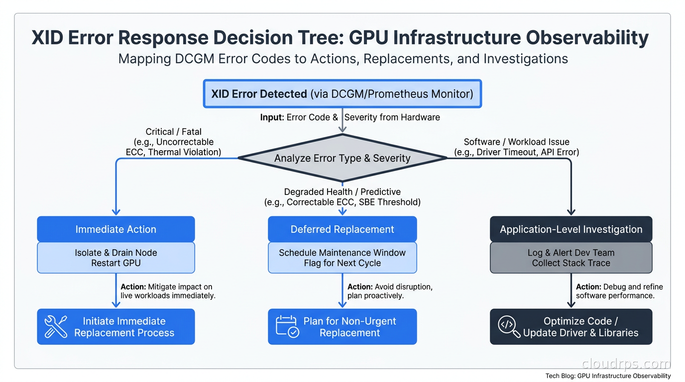 XID error response decision tree mapping error codes to immediate actions, deferred replacements, and application-level investigations