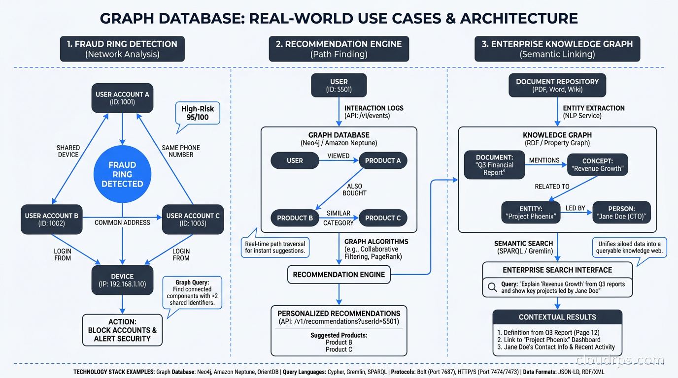 Real-world graph database use cases illustrated: fraud ring detection showing connected accounts, recommendation engine paths between users and products, and enterprise knowledge graph connecting documents to concepts