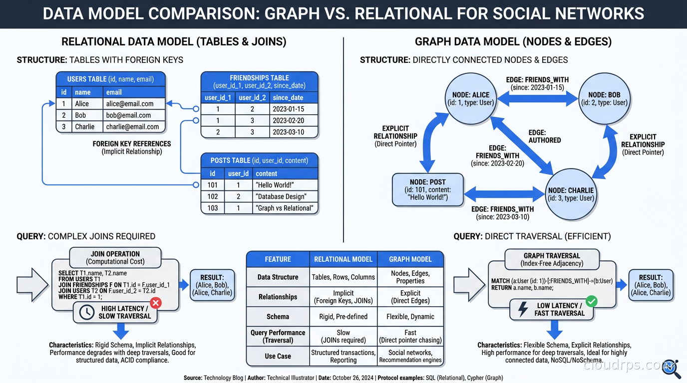 Graph vs relational data model comparison showing how a social network is stored as tables with foreign-key JOINs versus as directly connected nodes and edges