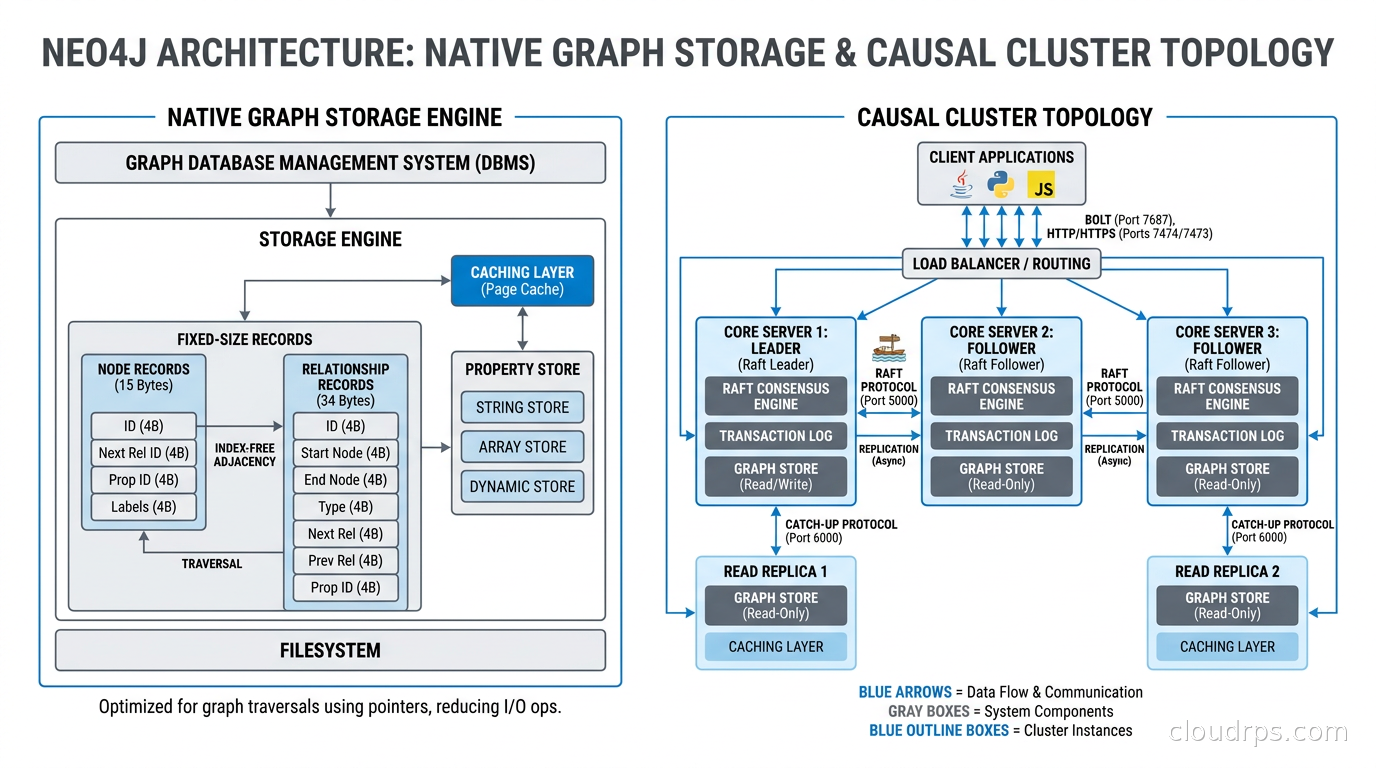 Neo4j architecture diagram showing native graph storage engine with fixed-size node and relationship records and the causal cluster topology with leader and followers
