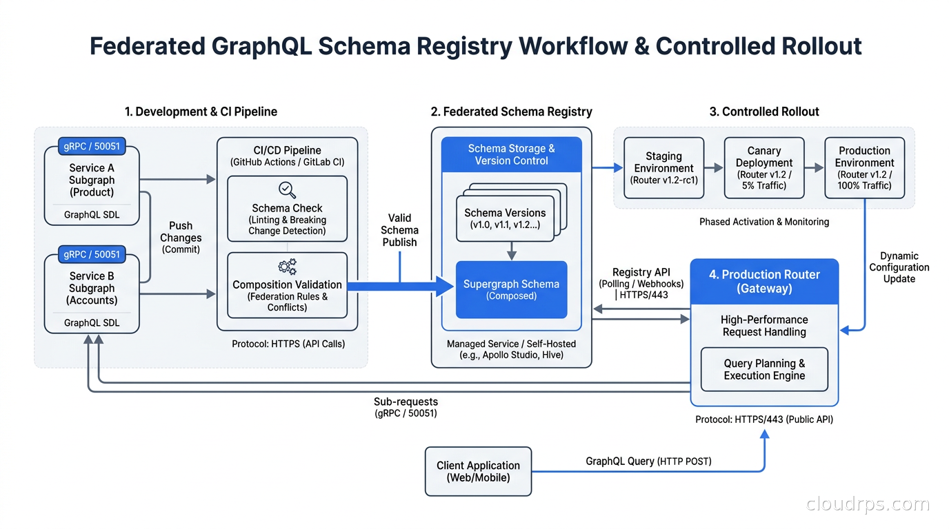 Federated GraphQL schema registry workflow showing CI pipeline with schema check, composition validation, and controlled rollout to production Router