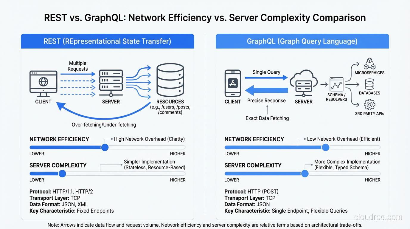 Performance comparison showing network efficiency vs server complexity for REST and GraphQL